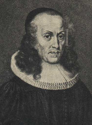 Schwarz-weiß-Stich eines Mannes mit gelockten Haaren, schwarzem Umhang, weißer Halskrause und dunkler Kopfbedeckung.