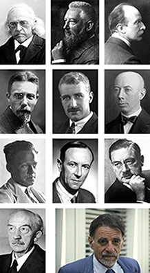 Bildcollage aus 10 schwarz-weiß Porträts und einem Farbfoto verschiedener männlicher Personen