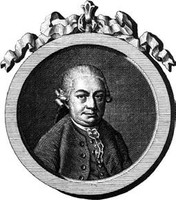 Historical black-and-white portrait of a man bearing a similiarity to J.S Bach in 18th century attire and hairstyle. Part of the print artwork is the circular frame with ribbons on its top end. The frame with the ribbons is made to appear as 3D.