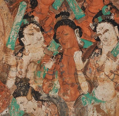 A fragment of a mural depicting a scene from one of the Buddha’s sermons. Three figures can be seen.